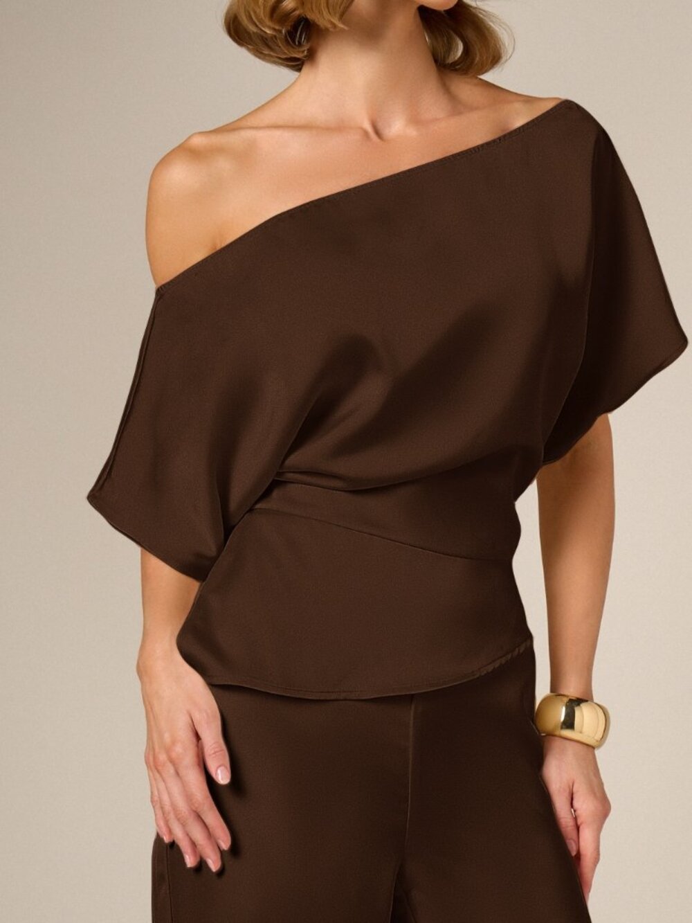 Brown Elegant Women's Asymmetric One Shoulder Split Side Top